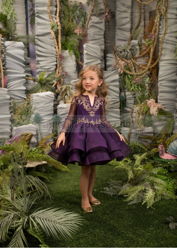 Gold Lace Purple Tulle Knee Length Flower Girl Dress